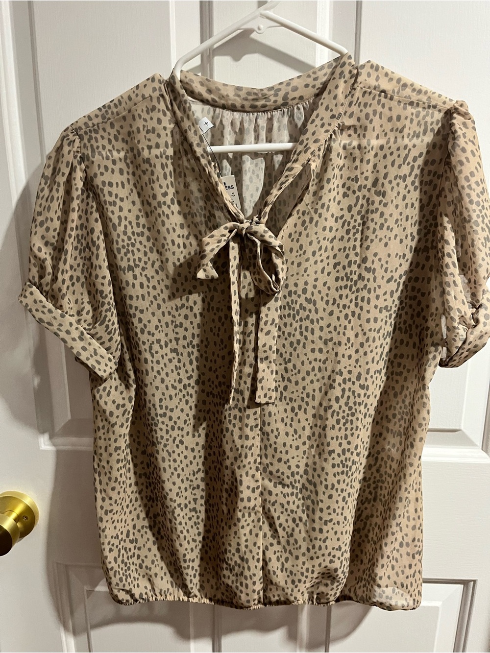 Express Women’s Beige and Printed Tie-Neck Short Sleeve Blouse